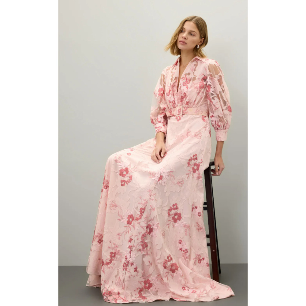 Badgley Mischka Blush Pink Floral V‑Neck Maxi Dress - Picture 4 of 11